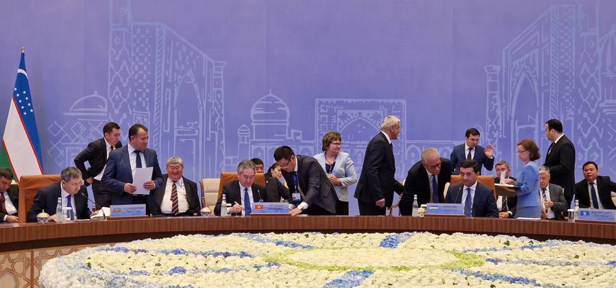 Commonwealth of Independent States summit in Samarkand, Uzbekistan TASHKENT, UZBEKISTAN - APRIL 14: A view from a hall during Foreign Ministers of the Commonwealth of Independent States summit at the Congress Center in Samarkand, Uzbekistan on April 14, 2023. Taskent Uzbekistan. Editorial use only. Please get in touch for any other usage.  Copyright: x2025xAnadoluxBahtiyarxAbdülkerimovx