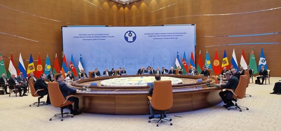 Commonwealth of Independent States summit in Samarkand, Uzbekistan TASHKENT, UZBEKISTAN - APRIL 14: A general view of hall during Foreign Ministers of the Commonwealth of Independent States summit at the Congress Center in Samarkand, Uzbekistan on April 14, 2023. Deputy Minister of Foreign Affairs of Uzbekistan, Bakhtiar Saidov, Foreign Minister of Russia Sergey Lavrov, Deputy Prime Minister and Minister of Foreign Affairs of Kazakhstan Murat Nurtileu, Minister of Foreign Affairs of Kyrgyzstan Jeenbek Kulubayev, Minister of Foreign Affairs of Armenia Ararat Mirzoyan, Minister of Foreign Affairs of Belarus Sergey Aleynik. Deputy Minister of Foreign Affairs of Azerbaijan Halaf Halafov, Deputy Minister of Foreign Affairs of Turkmenistan Vepa H  Copyright: x2025xAnadoluxBahtiyarxAbdülkerimovx