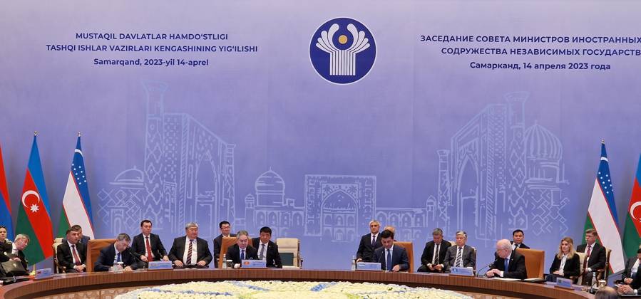 Commonwealth of Independent States summit in Samarkand, Uzbekistan TASHKENT, UZBEKISTAN - APRIL 14: A general view of hall during Foreign Ministers of the Commonwealth of Independent States summit at the Congress Center in Samarkand, Uzbekistan on April 14, 2023. Deputy Minister of Foreign Affairs of Uzbekistan, Bakhtiar Saidov, Foreign Minister of Russia Sergey Lavrov, Deputy Prime Minister and Minister of Foreign Affairs of Kazakhstan Murat Nurtileu, Minister of Foreign Affairs of Kyrgyzstan Jeenbek Kulubayev, Minister of Foreign Affairs of Armenia Ararat Mirzoyan, Minister of Foreign Affairs of Belarus Sergey Aleynik. Deputy Minister of Foreign Affairs of Azerbaijan Halaf Halafov, Deputy Minister of Foreign Affairs of Turkmenistan Vepa H  Copyright: x2025xAnadoluxBahtiyarxAbdülkerimovx