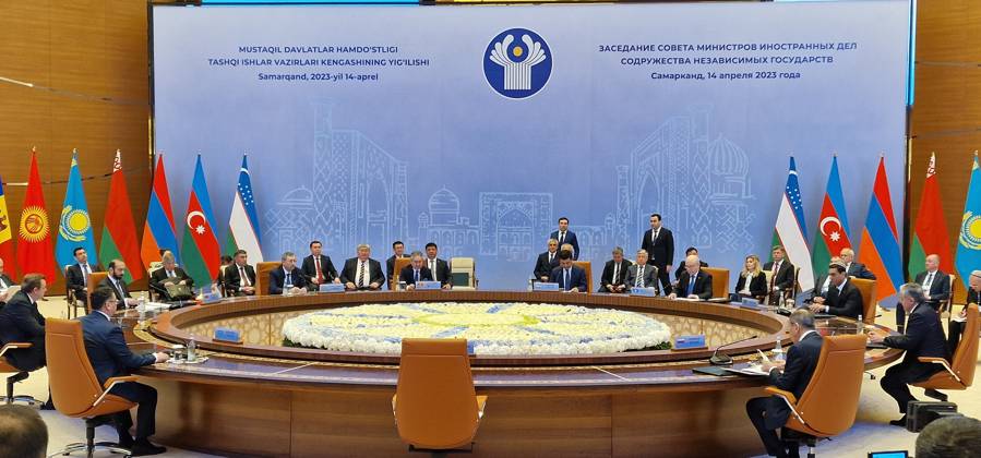 Commonwealth of Independent States summit in Samarkand, Uzbekistan TASHKENT, UZBEKISTAN - APRIL 14: A general view of hall during Foreign Ministers of the Commonwealth of Independent States summit at the Congress Center in Samarkand, Uzbekistan on April 14, 2023. Deputy Minister of Foreign Affairs of Uzbekistan, Bakhtiar Saidov, Foreign Minister of Russia Sergey Lavrov, Deputy Prime Minister and Minister of Foreign Affairs of Kazakhstan Murat Nurtileu, Minister of Foreign Affairs of Kyrgyzstan Jeenbek Kulubayev, Minister of Foreign Affairs of Armenia Ararat Mirzoyan, Minister of Foreign Affairs of Belarus Sergey Aleynik. Deputy Minister of Foreign Affairs of Azerbaijan Halaf Halafov, Deputy Minister of Foreign Affairs of Turkmenistan Vepa H  Copyright: x2025xAnadoluxBahtiyarxAbdülkerimovx