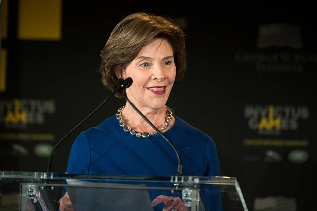 Invictus Games Symposium on Invisible Wounds in Orlando May 8, 2016 - Orlando, FL, United States of America - Former First Lady Laura Bush introduces Prince Harry and her husband former President George W Bush during the 2016 Invictus Games Symposium on Invisible Wounds May 8, 2016 in Orlando, Florida. The symposium hosted by Prince Harry and former President George W. Bush sought to remove the stigma suffered by victims of post traumatic stress and other injuries that are not regularly visible. Copyright: xEjxHersomx