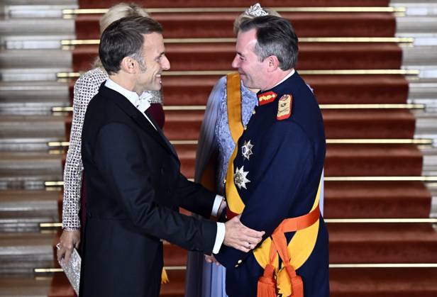 French President Emmanuel Macron and Grand-Duke Guillaume of Luxembourg pictured during the abdication of Grand Duke Henri and the swearing-in of Grand Duke Guillaume of Luxembourg, in the Royal Palace in Luxembourg City, in the Grand Duchy of Luxembourg, Friday 03 October 2025. ERICxLALMAND 136000457