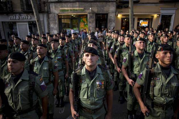 October 12, 2025, Madrid, Madrid, Spain: Members of the Spanish Army line up, during a military parade through the streets of Madrid on Spain s National Day, which commemorates the arrival of Christopher Columbus to the New World in 1492. Madrid Spain - ZUMAs296 20251012_znp_s296_009 Copyright: xLuisxSotox
