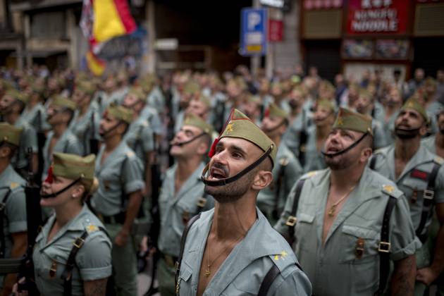 October 12, 2025, Madrid, Madrid, Spain: Members of La Legion, the elite forces of the Spanish army, sing the song â€oeEl Novio de La Muerteâ€Â, the anthem of the elite group during a military parade through the streets of Madrid on Spain s National Day, which commemorates the arrival of Christopher Columbus to the New World in 1492. Madrid Spain - ZUMAs296 20251012_znp_s296_016 Copyright: xLuisxSotox