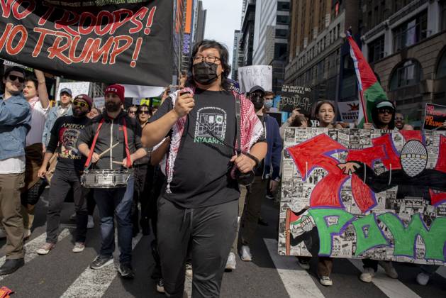 October 18, 2025, New York, New York, USA: Protesters march down Broadway during the â€oeNo Kings†rally in New York, Saturday, Oct. 18, 2025. The demonstration began in Times Square and ended in Union Square, drawing an estimated 50,000 people who joined others across the country calling for the protection of democratic institutions and denouncing authoritarian leadership. Organizers said more than 5 million people participated in over 2,000 marches nationwide. New York USA - ZUMAa306 20251018_znp_a306_010 Copyright: xJavierxAlvarezx