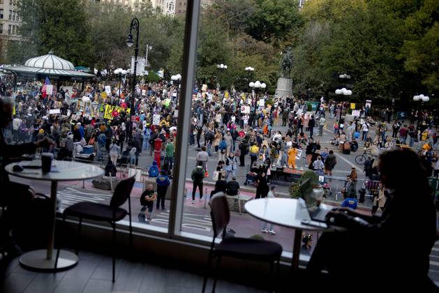 October 18, 2025, New York, New York, USA: Protesters march down Broadway during the â€oeNo Kings†rally in New York, Saturday, Oct. 18, 2025. The demonstration began in Times Square and ended in Union Square, drawing an estimated 50,000 people who joined others across the country calling for the protection of democratic institutions and denouncing authoritarian leadership. Organizers said more than 5 million people participated in over 2,000 marches nationwide. New York USA - ZUMAa306 20251018_znp_a306_007 Copyright: xJavierxAlvarezx