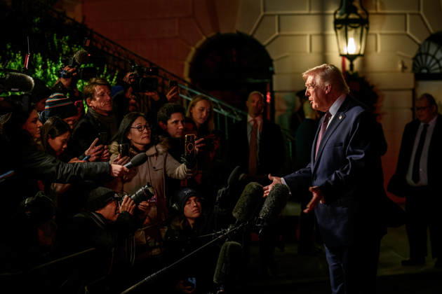 President Donald Trump speaks to members of the media before boarding Marine One on the South Lawn of the White House en route Joint Base Andrews, Maryland on Friday, December 19, 2025, for a trip to Rocky Mount, North Carolina., Credit:Joyce N. Boghosian Avalon Copyright: xJoycexN.xBoghosianx xAvalonx 1061164656