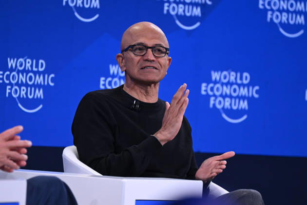 Microsoft CEO Satya Nadella speaks at WEF in Davos DAVOS, SWITZERLAND - JANUARY 20: Chairman and CEO of Microsoft Satya Nadella delivers a speech during the World Economic Forum (WEF) Annual Meeting in Davos, Switzerland on January 20, 2026. Harun Ozalp Anadolu Davos Switzerland. Editorial use only. Please get in touch for any other usage.  Copyright: x2026xAnadoluxHarunxOzalpx