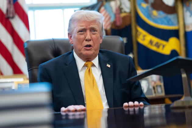 President Donald Trump gives remarks to the media during executive order signing event in the Oval Office of the White House in Washington, DC on Monday, March 16, 2026. The order will formally launch a task force, led by Vice President JD Vance, to investigate fraud nationwide. WAP20260316029 AARONxSCHWARTZ
