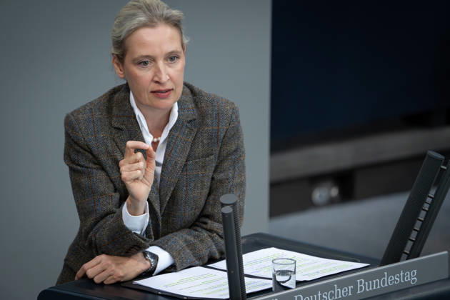 Deutscher Bundestag, 64. Plenarsitzung Alice Weidel (AfD) im Portrait bei ihrer Rede zum Tagesordnungspunkt Regierungserklaerung zum Europaeischen Rat bei der 64. Sitzung des Deutschen Bundestag in Berlin, 18.03.2026 Berlin Berlin Deutschland