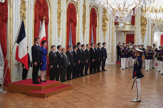 French President Emmanuel Macron in Tokyo TOKYO, JAPAN - APRIL 01: (----EDITORIAL USE ONLY - MANDATORY CREDIT - HIRO KOMAE AP PHOTO POOL - NO MARKETING NO ADVERTISING CAMPAIGNS - DISTRIBUTED AS A SERVICE TO CLIENTS----) Japanese Prime Minister Sanae Takaichi and French President Emmanuel Macron attend a welcoming ceremony at the Akasaka Palace State Guest House on April 01, 2026 in Tokyo, Japon. AP Photo Hiro Komae Pool Anadolu Tokyo Japan. Editorial use only. Please get in touch for any other usage. Copyright: x2026xAnadoluxAPxPhoto HiroxKomae xPoolx