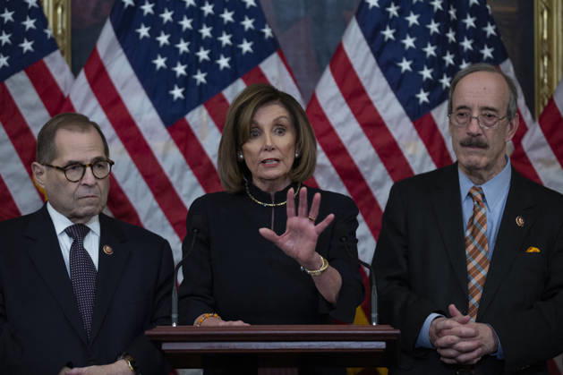 United States President Donald J. Trump is Impeached by the House of Representatives Speaker of the United States House of Representatives Nancy Pelosi (Democrat of California) speaks during a press conference with United States Representative Adam Schiff (Democrat of California), United States Representative Carolyn Maloney (Democrat of New York), United States Representative Jerrold Nadler (Democrat of New York), United States Representative Eliot Engel (Democrat of New York), United States Representative Richard Neal (Democrat of Massachusetts), and United States Representative Maxine Waters (Democrat of California) after the United States House of Representatives voted to impeach United States President Donald J. Trump at the United Sta  Copyright: xCNP ABACAx