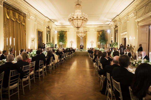 President Donald Trump gives remarks during a state dinner with Great Britain s King Charles and Queen Camilla at the White House on Tuesday, April 28, 2026 in Washington, D.C. Charles spoke to a joint session of Congress earlier in the day, and attended several events with U.S. President Donald Trump. WAX20260428235 CraigxHudson