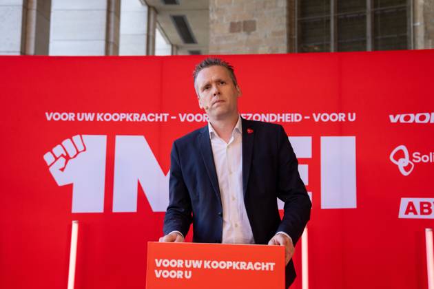 FGTB-ABVV chairman Bert Engelaar pictured at a meeting of Flemish socialist party Vooruit, socialist social insurance company Solidaris and socialist trade union ABVV, on Thursday 30 April 2026 in Brussels, the eve of Labour Day on May 1st, the International Workers Day. MARIUS BURGELMAN MariusxBurgelman 172490475