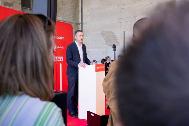 FGTB-ABVV chairman Bert Engelaar pictured at a meeting of Flemish socialist party Vooruit, socialist social insurance company Solidaris and socialist trade union ABVV, on Thursday 30 April 2026 in Brussels, the eve of Labour Day on May 1st, the International Workers Day. MARIUS BURGELMAN MariusxBurgelman 172490788