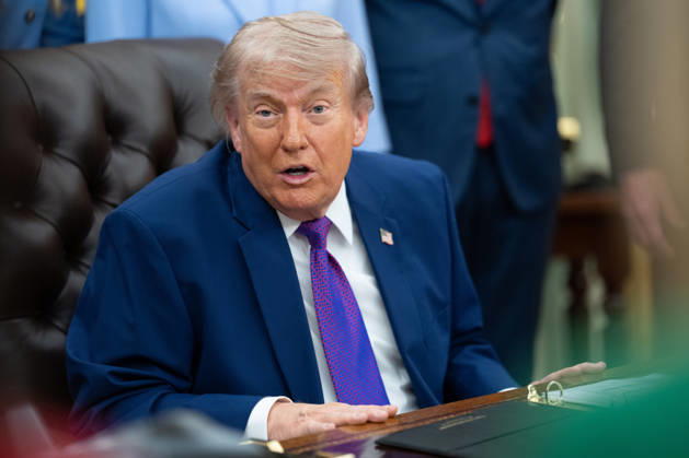 President Donald Trump gives remarks during an event promoting maternal healthcare in the Oval Office of the White House in Washington, DC on Monday, May 11, 2026. President Trump is meeting with healthcare workers as his administration launches Moms.gov to highlight resources for unexpected pregnancies. WAX20260511204 AaronxSchwartz