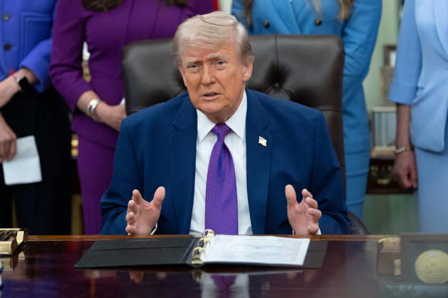 President Donald Trump gives remarks during an event promoting maternal healthcare in the Oval Office of the White House in Washington, DC. on Monday, May 11, 2026. President Trump is meeting with healthcare workers as his administration launches Moms.gov to highlight resources for unexpected pregnancies. WAX20260511207 AaronxSchwartz
