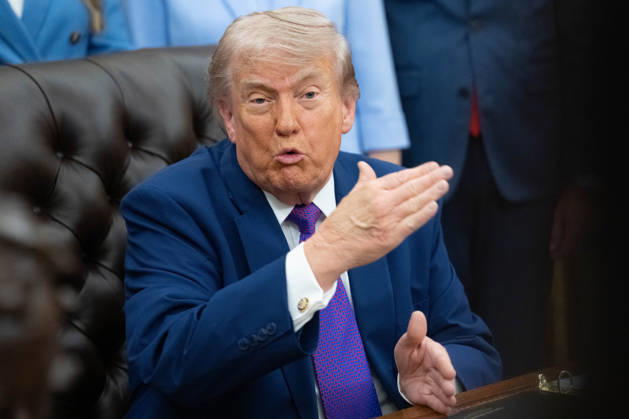 President Donald Trump gives remarks during an event promoting maternal healthcare in the Oval Office of the White House in Washington, DC. on Monday, May 11, 2026. President Trump is meeting with healthcare workers as his administration launches Moms.gov to highlight resources for unexpected pregnancies. WAX20260511209 AaronxSchwartz