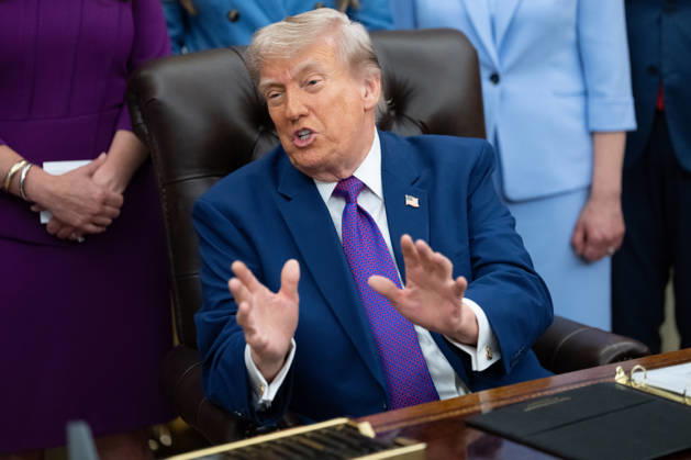 President Donald Trump gives remarks during an event promoting maternal healthcare in the Oval Office of the White House in Washington, DC. on Monday, May 11, 2026. President Trump is meeting with healthcare workers as his administration launches Moms.gov to highlight resources for unexpected pregnancies. WAX20260511213 AaronxSchwartz
