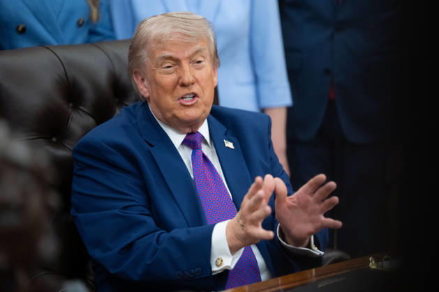 President Donald Trump gives remarks during an event promoting maternal healthcare in the Oval Office of the White House in Washington, DC. on Monday, May 11, 2026. President Trump is meeting with healthcare workers as his administration launches Moms.gov to highlight resources for unexpected pregnancies. WAX20260511215 AaronxSchwartz