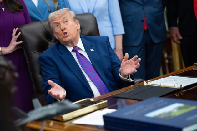 President Donald Trump gives remarks during an event promoting maternal healthcare in the Oval Office of the White House in Washington, DC. on Monday, May 11, 2026. President Trump is meeting with healthcare workers as his administration launches Moms.gov to highlight resources for unexpected pregnancies. WAX20260511216 AaronxSchwartz