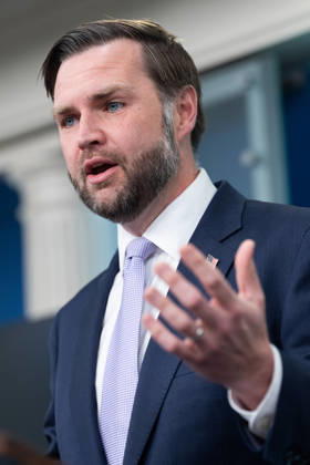 Vice President JD Vance gives remarks during a press conference in the James Brady Press Briefing Room of the White House in Washington, DC on Tuesday, May 19, 2026. Vance defended the creation of a $1.8 billion Department of Justice fund that would compensate certain individuals who were investigated and prosecuted by the Biden Administration. WAP20250519005b AARONxSCHWARTZ