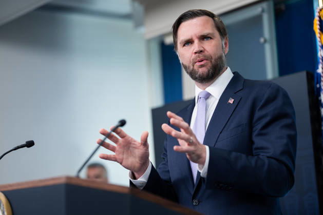 Vice President JD Vance gives remarks during a press conference in the James Brady Press Briefing Room of the White House in Washington, DC on Tuesday, May 19, 2026. Vance defended the creation of a $1.8 billion Department of Justice fund that would compensate certain individuals who were investigated and prosecuted by the Biden Administration. WAP20260519616 AARONxSCHWARTZ
