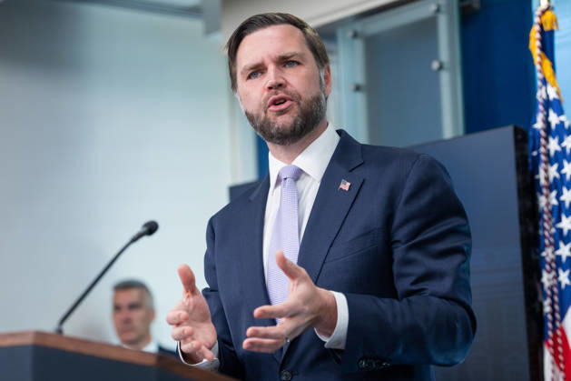 Vice President JD Vance gives remarks during a press conference in the James Brady Press Briefing Room of the White House in Washington, DC on Tuesday, May 19, 2026. Vance defended the creation of a $1.8 billion Department of Justice fund that would compensate certain individuals who were investigated and prosecuted by the Biden Administration. WAP20260519619 AARONxSCHWARTZ