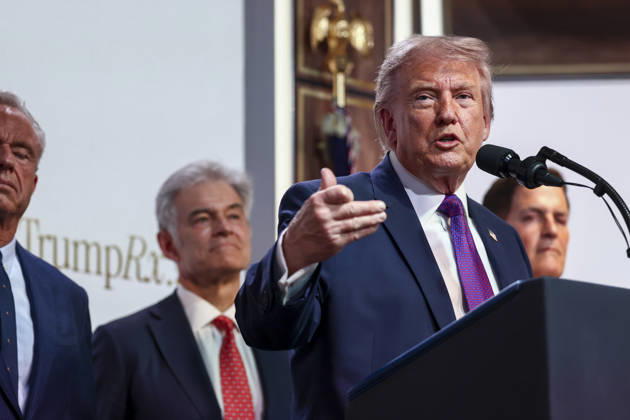 United States President Donald J Trump delivers remarks at a healthcare affordability event in the Eisenhower Executive Office Building on the White House campus in Washington, DC, USA, 18 May 2026. Credit: CNP AdMedia Washington District of Columbia United States of America EDITORIAL USE ONLY  Copyright: xx CNPx xAdMediax admphotostwo990831