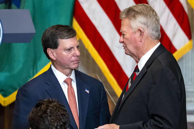 Commissioner of the Social Security Administration Frank Bisignano speaks with Governor of Idaho Brad Little before an event with First Lady Melania Trump and Treasury Secretary Scott Bessent during an event at the Treasury Department in Washington, DC on Thursday, June 11, 2026. The administration announced the launch of Fostering the Future Accounts as part of Trump Accounts and the First Lady s Fostering the Future initiative. WAP20260611319 BONNIExCASH