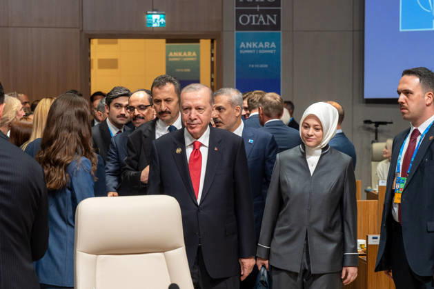 Turkish President Recep Tayyip Erdogan (C) and NATO Leaders arrive to participate in a working session during the NATO Summit at Bestepe Presidential Compound in Ankara Wednesday, July 8, 2026. The summit comes at a critical moment for the 77?year?old transatlantic alliance, as the U.S. president presses members to honor their pledge to boost defense spending amid Washington s pullback from Europe. TUR2026070810 NATO