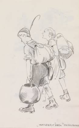 RECORD DATE NOT STATED Two members of the German Wandervogel youth movement, sketchbook page, The boy and the girl are carrying camping gear. Page 30 from a sketchbook with 60 pages., annotation: WANDERVÖGEL HEIDELBERG , draftsman (artist): Otto Verhagen (I), Heidelberg, c. 1930 - c. 1940, draftsman (artist), Baden-Württemberg, inorganic material, paper, chalk, black chalk, height 217 mm x width 143 mm, youth, adolescent, walking., A pencil sketch of two young figures walking side by side, each shown from the back and three-quarter profile, wearing short-sleeved shirts and knee-length bottoms, with backpacks strapped to their shoulders and rolled items attached to the packs; the figure on the left wears a cap and carries a round pot by its handle at their si Copyright Penta Springs LCK260618_20645