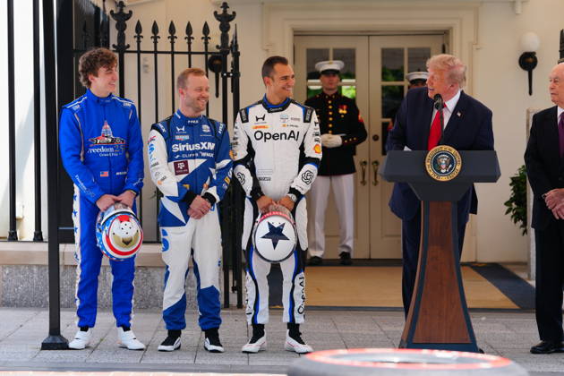 United States President Donald J Trump hosts top IndyCar drivers at the White House in Washington, DC, USA, to promote the inaugural Freedom 250 Grand Prix on Monday, July 13, 2026. The race will be held in DC on August 22-23, 2026. Drivers pictured at left are: reigning IndyCar champion Ãlex Palou, Felix Rosenqvist, the 2026 Indy 500, and David Malukas. Looking on from right is IndyCar series owner Roger Penske. Credit: CNP AdMedia Washington District of Columbia United States of America EDITORIAL USE ONLY  Copyright: xx AdMediax admphotosthree005101