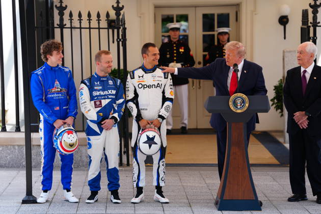 United States President Donald J Trump hosts top IndyCar drivers at the White House in Washington, DC, USA, to promote the inaugural Freedom 250 Grand Prix on Monday, July 13, 2026. The race will be held in DC on August 22-23, 2026. Drivers pictured at left are: reigning IndyCar champion Ãlex Palou, Felix Rosenqvist, the 2026 Indy 500, and David Malukas. Looking on from right is IndyCar series owner Roger Penske. Credit: CNP AdMedia Washington District of Columbia United States of America EDITORIAL USE ONLY  Copyright: xx AdMediax admphotosthree005102