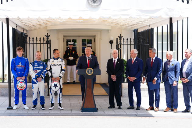 United States President Donald J Trump hosts top IndyCar drivers at the White House in Washington, DC, USA, to promote the inaugural Freedom 250 Grand Prix on Monday, July 13, 2026. The race will be held in DC on August 22-23, 2026. Drivers pictured at left are: reigning IndyCar champion Ãlex Palou, Felix Rosenqvist, the 2026 Indy 500, and David Malukas. Credit: CNP AdMedia Washington District of Columbia United States of America EDITORIAL USE ONLY  Copyright: xx AdMediax admphotosthree005096