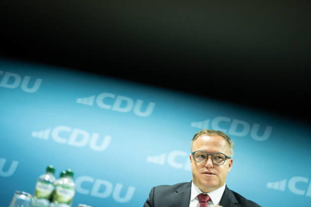 Mario Voigt, Ministerpräsident Thüringen, gibt in der CDU-Landesgeschäftsstelle eine Pressekonferenz;Pressekonferenz des Ministerpräsidenten von Thüringen in der Landesgeschäftsstelle der CDU, Erfurt Thüringen Deutschland Landesgeschäftsstelle CDU Thür