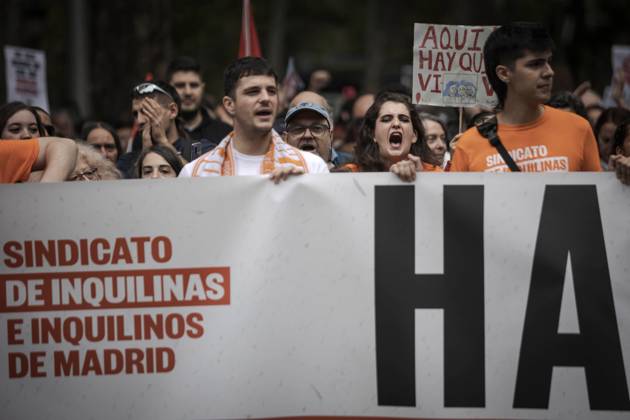 October 3, 2026, Madrid, Spain: MADRID, SPAIN †OCTOBER 3, 2026: Tens of thousands of people took part in a housing rights demonstration in Madrid organized by the Madrid Tenants Union, which called for a general strike across Spain until measures against real estate speculation in Madrid are approved. The march came one week after a large protest encampment began at Puerta del Sol. The encampment prompted the government to approve two decrees containing housing measures demanded by activists, although Parliament rejected the measures the previous Friday. Demonstrators marched through Madrid as part of the ongoing campaign over housing rights and measures addressing real estate speculation. Madrid Spain - ZUMAq101 20261003_zna_q101_103 Copyright: xJairoxVargasxMartoÂNx