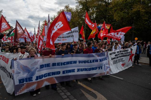 October 3, 2026, Berlin, Germany: BERLIN, GERMANY Ã¢â‚¬ OCTOBER 3, 2026: Thousands of people took part in a peace demonstration in central Berlin on German Unity Day. A coalition of peace initiatives, trade unions, and political and civil-society groups organized the protest. The demonstrators focused on military rearmament, the possible reintroduction of conscription, and GermanyÃ¢â‚¬â ¢s military policy. The march began at the Brandenburg Gate and continued through the government district before concluding with a rally. The demonstration brought together participants expressing opposition to GermanyÃ¢â‚¬â ¢s current and proposed military policies on a national public holiday. Berlin Germany - ZUMAq101 20261003_zna_q101_108 Copyright: xJessxFlomx