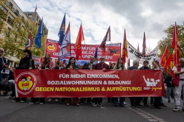 October 3, 2026, Berlin, Germany: BERLIN, GERMANY Ã¢â‚¬ OCTOBER 3, 2026: Thousands of people took part in a peace demonstration in central Berlin on German Unity Day. A coalition of peace initiatives, trade unions, and political and civil-society groups organized the protest. The demonstrators focused on military rearmament, the possible reintroduction of conscription, and GermanyÃ¢â‚¬â ¢s military policy. The march began at the Brandenburg Gate and continued through the government district before concluding with a rally. The demonstration brought together participants expressing opposition to GermanyÃ¢â‚¬â ¢s current and proposed military policies on a national public holiday. Berlin Germany - ZUMAq101 20261003_zna_q101_109 Copyright: xJessxFlomx