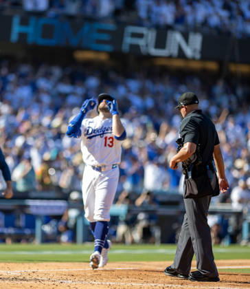 October 3, 2026, Los Angeles, California, USA: Max Muncy of the Los Angeles Dodgers reacts after hitting a solo home run during the game against the Atlanta Braves in game one of the National League Division Series at Dodger Stadium on October 03, 2026 in Los Angeles, California. Los Angeles Dodgers won the game 5-3. . Los Angeles USA - ZUMAa60_ 20261003_zaf_a60_023 Copyright: xArmandoxArorizox