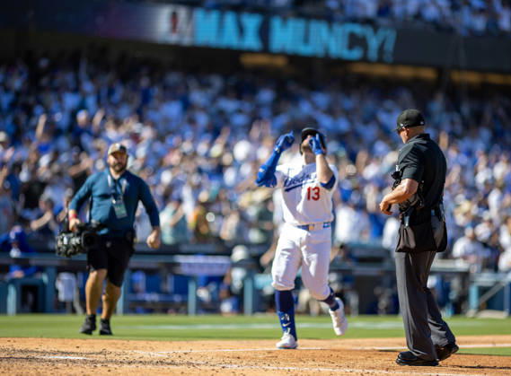 October 3, 2026, Los Angeles, California, USA: Max Muncy of the Los Angeles Dodgers reacts after hitting a solo home run during the game against the Atlanta Braves in game one of the National League Division Series at Dodger Stadium on October 03, 2026 in Los Angeles, California. Los Angeles Dodgers won the game 5-3. . Los Angeles USA - ZUMAa60_ 20261003_zaf_a60_024 Copyright: xArmandoxArorizox