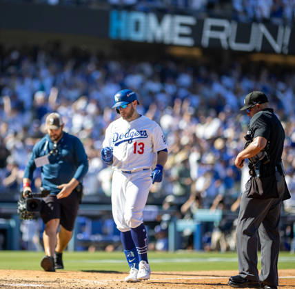 October 3, 2026, Los Angeles, California, USA: Max Muncy of the Los Angeles Dodgers reacts after hitting a solo home run during the game against the Atlanta Braves in game one of the National League Division Series at Dodger Stadium on October 03, 2026 in Los Angeles, California. Los Angeles Dodgers won the game 5-3. . Los Angeles USA - ZUMAa60_ 20261003_zaf_a60_031 Copyright: xArmandoxArorizox