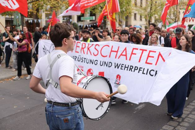 October 3, 2026, Berlin, Berlin, Germany: BERLIN, GERMANY, OCTOBER 3, 2026: Thousands of demonstrators march through central Berlin during a protest against Germany s military buildup, increased defense spending and the possible reintroduction of compulsory military service. Protesters called for greater investment in healthcare, housing, education and other social services instead of military spending, while participants also demonstrated against German arms deliveries and support for Israel amid the war in Gaza. The march began at the Brandenburg Gate and continued through central Berlin before returning to the area. Berlin Germany - ZUMAq101 20261003_zna_q101_213 Copyright: xZairaxBiaginix