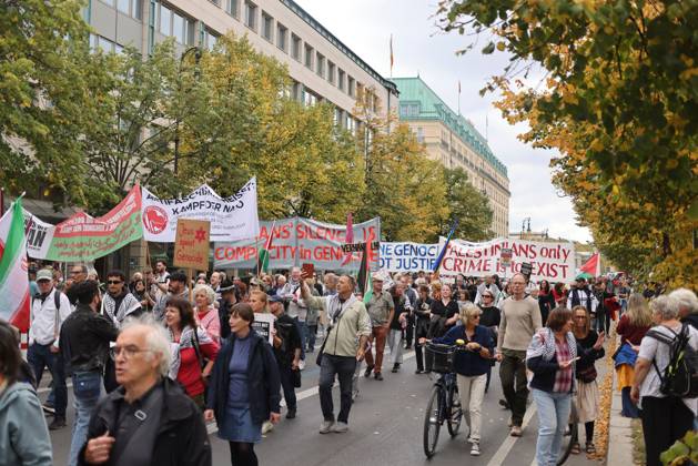 October 3, 2026, Berlin, Berlin, Germany: BERLIN, GERMANY, OCTOBER 3, 2026: Thousands of demonstrators march through central Berlin during a protest against Germany s military buildup, increased defense spending and the possible reintroduction of compulsory military service. Protesters called for greater investment in healthcare, housing, education and other social services instead of military spending, while participants also demonstrated against German arms deliveries and support for Israel amid the war in Gaza. The march began at the Brandenburg Gate and continued through central Berlin before returning to the area. Berlin Germany - ZUMAq101 20261003_zna_q101_216 Copyright: xZairaxBiaginix