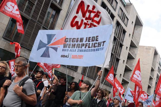 October 3, 2026, Berlin, Berlin, Germany: BERLIN, GERMANY, OCTOBER 3, 2026: Thousands of demonstrators march through central Berlin during a protest against Germany s military buildup, increased defense spending and the possible reintroduction of compulsory military service. Protesters called for greater investment in healthcare, housing, education and other social services instead of military spending, while participants also demonstrated against German arms deliveries and support for Israel amid the war in Gaza. The march began at the Brandenburg Gate and continued through central Berlin before returning to the area. Berlin Germany - ZUMAq101 20261003_zna_q101_220 Copyright: xZairaxBiaginix