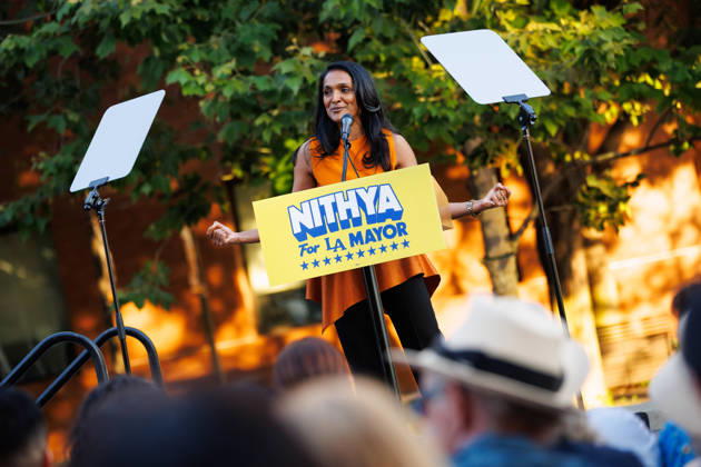October 4, 2026, Los Angeles, California, USA: Los Angeles mayoral candidate NITHYA RAMAN gives a speech to her supporters during an event at Los Angeles Trade-Technical College in downtown Los Angeles on Sunday, Oct. 4, 2026. A recent poll by UC Berkeley indicates that Raman currently leads Los Angeles Mayor Karen Bass by 11 points, 39% to 28% Los Angeles USA - ZUMAt176 20261004_zsp_t176_003 Copyright: xJacksonxTammariellox