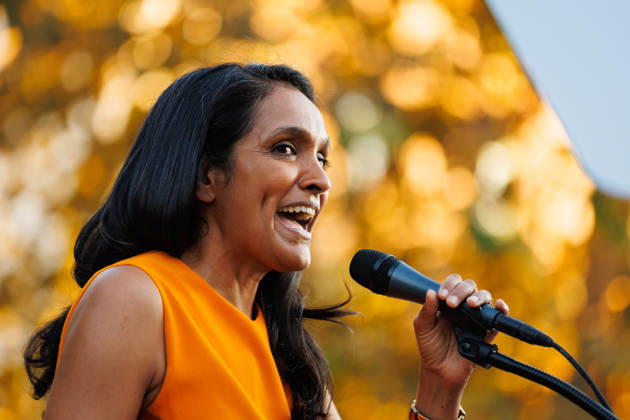October 4, 2026, Los Angeles, California, USA: Los Angeles mayoral candidate NITHYA RAMAN gives a speech to her supporters during an event at Los Angeles Trade-Technical College in downtown Los Angeles on Sunday, Oct. 4, 2026. A recent poll by UC Berkeley indicates that Raman currently leads Los Angeles Mayor Karen Bass by 11 points, 39% to 28% Los Angeles USA - ZUMAt176 20261004_zsp_t176_007 Copyright: xJacksonxTammariellox