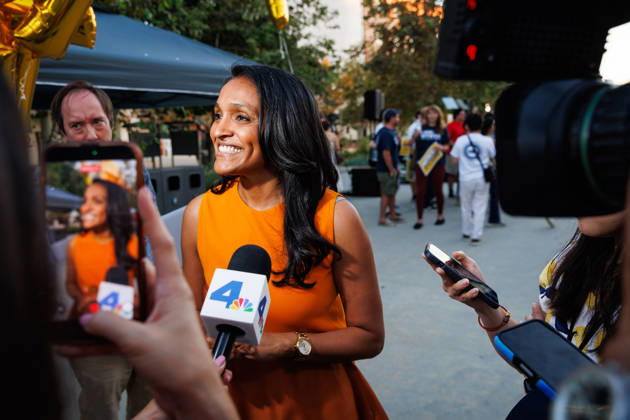 October 4, 2026, Los Angeles, California, USA: Los Angeles mayoral candidate NITHYA RAMAN speaks with members of the media during an event at Los Angeles Trade-Technical College in downtown Los Angeles on Sunday, Oct. 4, 2026. A recent poll by UC Berkeley indicates that Raman currently leads Los Angeles Mayor Karen Bass by 11 points, 39% to 28% Los Angeles USA - ZUMAt176 20261004_zsp_t176_016 Copyright: xJacksonxTammariellox