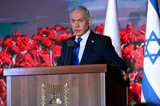Israeli Prime Minister Benjamin Netanyahu speaks at the State Memorial Ceremony for the three year anniversary of the October 7, 2023, Hamas attack, in remembrance of Israel Defense Forces and security members who fell in the War of Redemption in the Mt. Herzl Cemetery, Jerusalem, on Monday, October 5, 2026.  JER2026100502 DEBBIExHILL