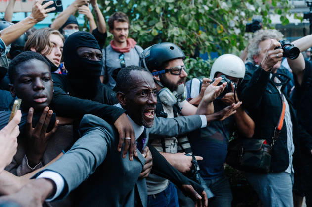 Bally Bagayoko, mayor of Saint-Denis, attempting to protect demonstrators from police charges against the largely peaceful march. As part of the nationwide student protest, the march in Paris on Tuesday drew between 56,000 and 100,000 demonstrators, according to the Ministry of the Interior and the organising secondary school and student organisations (USL, FAGE, Union Ã tudiante, UNEF). The demonstration proceeded peacefully, despite a few scuffles at Place de la Nation. - 06 10 2026 - France Ile-de-France (region) Paris -  JanxSchmidt-Whitley LexPictorium LePictorium_0342035